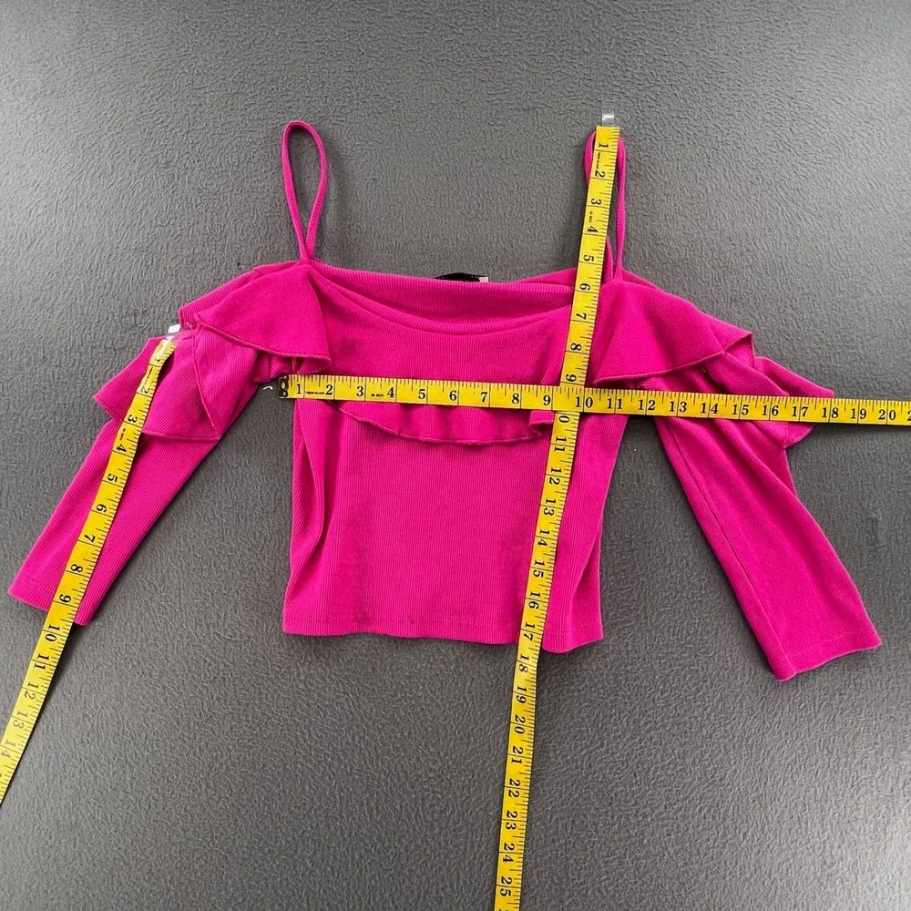 Zara Women Cold Shoulder Top Pink Ribbed Cotton L Ruffle Y2K Barbiecore